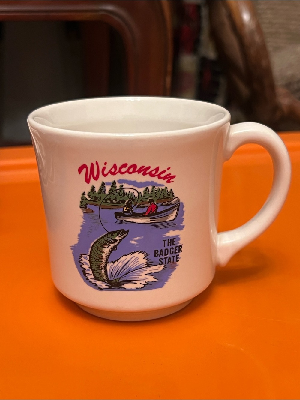 Vintage Wisconsin Badger State Fishing Souvenir Coffee Mug